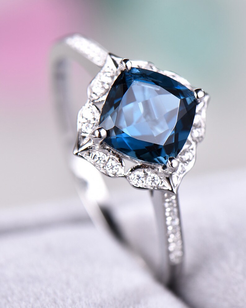 London Blue Topaz Halo Engagement Ring Sterling Silver 14k - Etsy