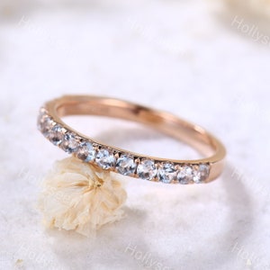 Aquamarine Wedding Ring Rose gold Aquamarine Band Half Eternity Band 2mm Stacking Band Birthstone Ring Promise Ring Vintage Ring Silver Ring