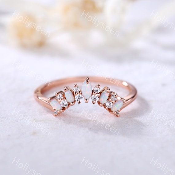 Opal Wedding Band Curved Wedding Band Moissanite Wedding Band Vintage Opal Ring Unique Opal Ring Dainty Ring Promise Ring Anniversary Ring