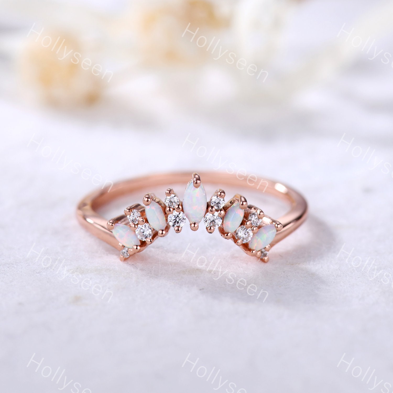 Opal Wedding Band Curved Wedding Band Moissanite Wedding Band Vintage Opal Ring Unique Opal Ring Dainty Ring Promise Ring Anniversary Ring