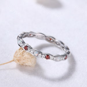 Opal Garnet Sterling Silver Wedding Ring Band White Gold Moissanite Full Eternity Ring Infinity Gemstone Stackable Ring Women Matching Ring