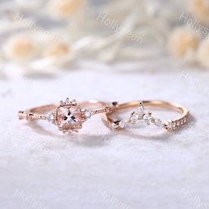 Dainty Cushion Cut Morganite Engagement Ring Set 14k Rose Gold Natural Pink Morganite Ring Set Morganite Bridal Set Vintage Promise Rings