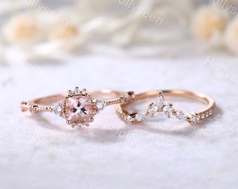 Dainty Cushion Cut Morganite Engagement Ring Set 14k Rose Gold Natural Pink Morganite Ring Set Morganite Bridal Set Vintage Promise Rings