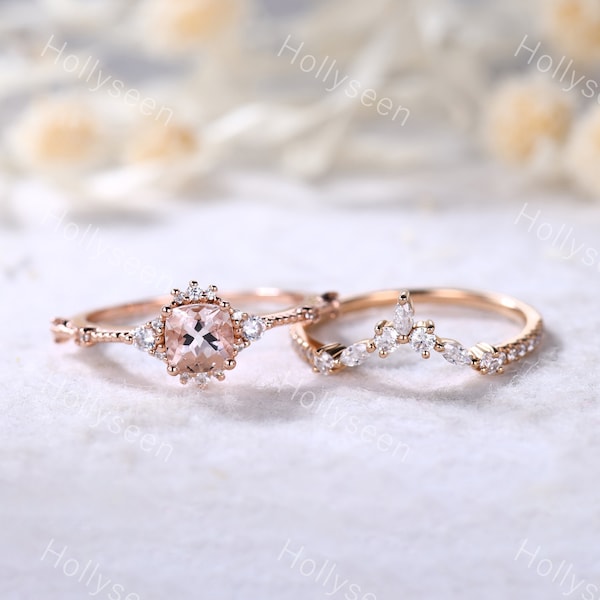 Anillo de Morganita de oro rosa Set de anillo de compromiso de Morganita rosa Set Anillo de boda Set de anillo de novia para mujeres Conjuntos de anillos de boda Regalo de aniversario delicado