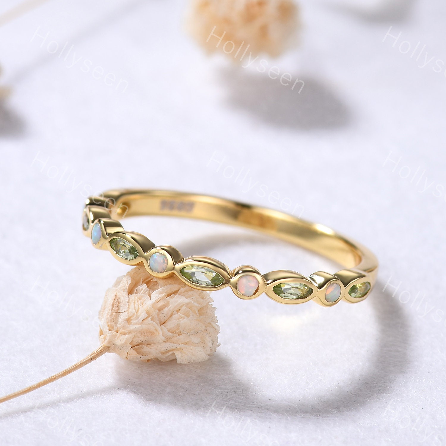 Opal Peridot Gelbgold Hochzeit Bandring Massivgold Halbe Eternity Ring Geburtsstein Stapelring Marquise Lünette Verlobung Brautring