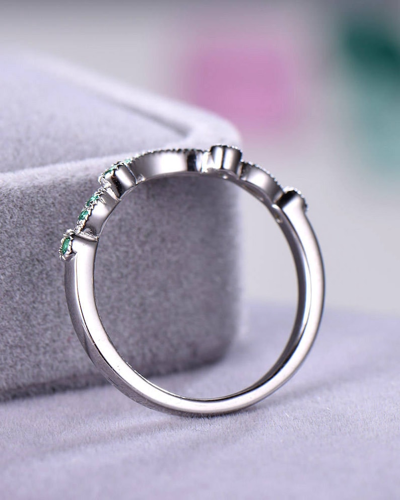 Green CZ Cubic Zirconia Diamond Wedding Band 925 Sterling Silver 14k White Gold Curved Engagement Ring U Shape Stacking Anniversary Gift