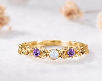 Opal Amethyst 3 Stones Leaf Wedding Band Solid 14k Yellow Gold Nature Inspired 3 Birthstones Personalized Bridal Promise Ring Gift for Her