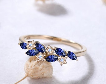 Celestial Marquise Blue Sapphire Moonstone Star Ring Solid 14k Gold Cluster Blue Stones Ring June September Birthstone Starry Floral Ring