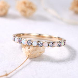 2mm Opal Alexandrite Yellow Gold Wedding Band Half Eternity June Birthstone Stacking Ring Simple Gemstone Stackable Ring Bridal Gift Women