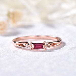 Baguette Cut Ruby Wedding Ring Rose Gold Lab Ruby Rose Gold Ring July Birthstone Ring Red Gemstone Bridal Ring Dainty Promise Ring for Her