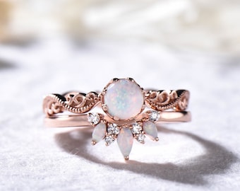 Rose Gold White Fire Opal Engagement Ring Set CZ Diamond 14k Sterling Silver Bridal Set Filigree Stackable Matching Band for Women Wedding
