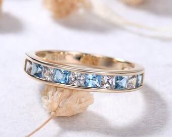 Princess Cut Blue Topaz Wedding Band Yellow Gold Blue Gemstone Stacking Ring Sterling Silver Ring Women Anniversary Ring Statement Ring