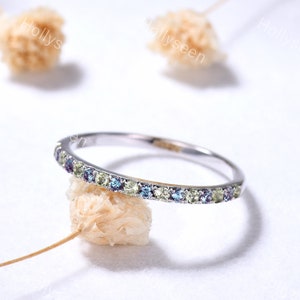 Alexandrite Peridot White Gold Wedding Ring Band Silver Half Eternity Stacking Ring Women Birthstone Bridal Ring Gemstone 14k Promise Ring