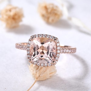 Cushion Cut Morganite Engagement Ring 14k Rose Gold Pink Morganite Halo Ring Solitaire Pink Gemstone Ring Minimalist Morganite Ring for her