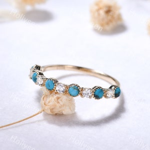Turquoise Moissanite Wedding Ring Band 14k Yellow Gold Bezel Gemstone Stackable Ring Vintage Birthstone Promise Ring Sterling Silver Ring