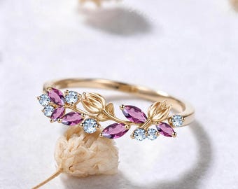 Botanical Tulip Marquise Pink Tourmaline Aquamarine Floral Wedding Band Solid 14k Gold Nature Inspired Birthstone Flower Ring Gift for Women