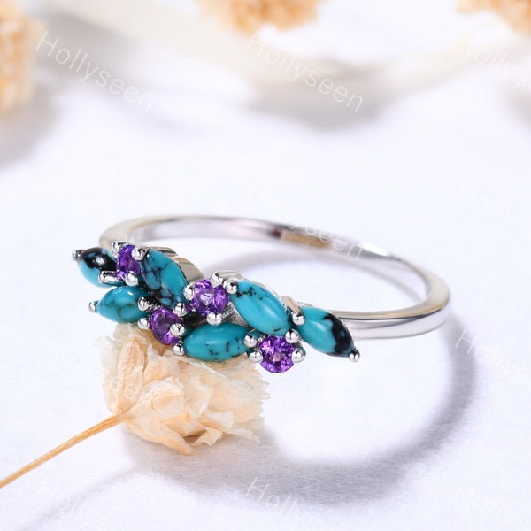 Vintage Marquise Cut Turquoise Ring Gold Unique Cluster Purple Amethyst Engagement Ring Dainty Anniversary Promise Ring for Women Gift