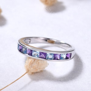 Amethyst Blue Topaz Wedding Ring Band Silver White Gold Ring Princess Cut Gemstone Stacking Ring Dainty Birthstone Stackable Ring for Women