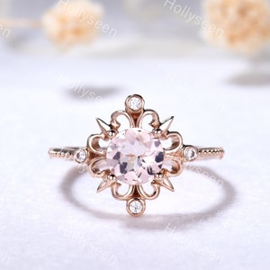 Unique Round Cut Morganite Halo Engagement Ring 14k Rose Gold Vintage Flower Pink Morganite Ring Art Deco Natural Inspired Ring for Women image 2