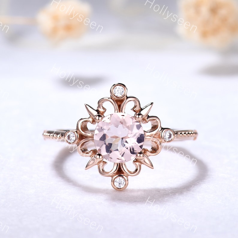 Unique Round Cut Morganite Halo Engagement Ring 14k Rose Gold Vintage Flower Pink Morganite Ring Art Deco Natural Inspired Ring for Women image 2