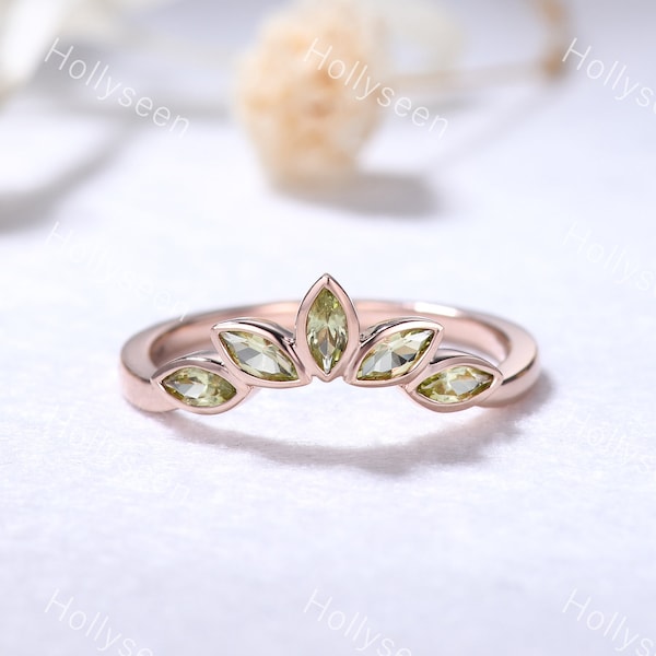 Vintage Marquise Peridot Wedding Band Ring Silver Rose Gold Antique August Birthstone Leaf Ring Art Deco Stacking Ring for Women Jewelry