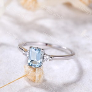 Emerald Cut Aquamarine Ring White Gold Aquamarine Engagement Ring Vintage Aquamarine Ring Antique Ring Birthstone Ring Promise Ring for her