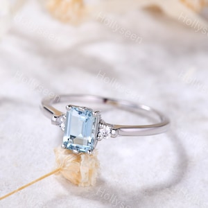 Emerald Cut Aquamarine Ring White Gold Aquamarine Engagement Ring Vintage Aquamarine Ring Antique Ring Birthstone Ring Promise Ring for her