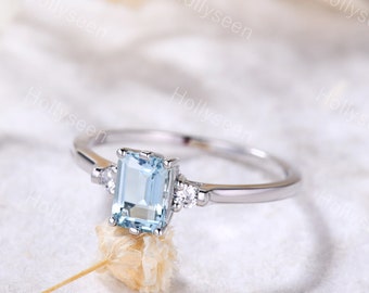 Emerald Cut Aquamarine Ring White Gold Aquamarine Engagement Ring Vintage Aquamarine Ring Antique Ring Birthstone Ring Promise Ring for her