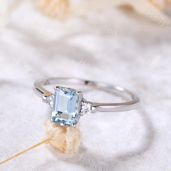 Emerald Cut Aquamarine Ring White Gold Aquamarine Engagement - Etsy