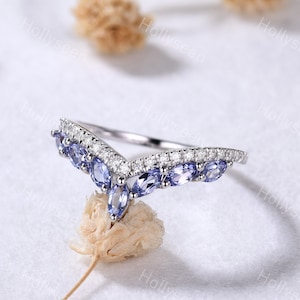 Marquise Tanzanite White Gold Curved Wedding Ring Band Sterling Silver Moissanite Stacking Ring Blue Stone Chevron Stackable Ring for Women