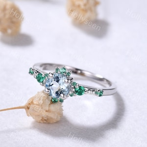 Dainty Aquamarine Emerald Engagement Ring Sterling Silver Ring Blue Green Gemstone Ring Delicate Birthstone Ring Anniversary Gift for Women