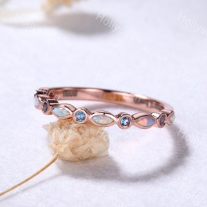 Opal Blue Topaz Bezel Wedding Ring Band Silver Rose Gold Half Eternity Gemstone Stacking Bridal Ring Anniversary Gift Matching Band for Her