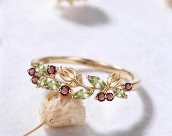 Tulip Marquise Peridot Garnet Wedding Ring Band Solid 14k Gold Botanical Floral Ring Nature Inspired Flower Leaf Ring Green Red Gemstones