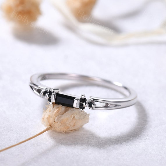 Baguette Cut Black Onyx Engagement Ring Silver White Gold Dainty