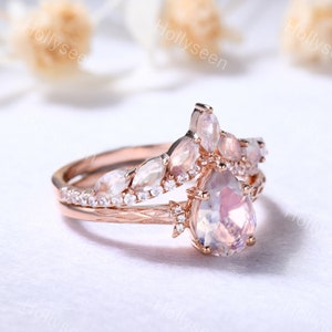 Pear Shaped Rainbow Moonstone Engagement Ring Set Rose Gold Marquise ...
