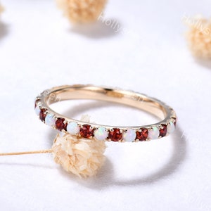 2mm Opal Garnet 14k Yellow Gold Wedding Ring Band Full Eternity Birthstone Stackable Ring Infinity Gemstone Ring Matching Ring for Women