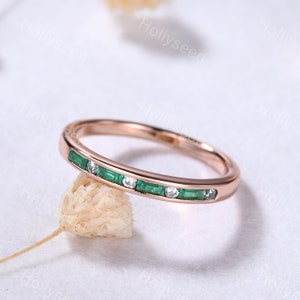 Baguette Cut Emerald Moissanite Engagement Ring Band 14k Rose Gold Green Gemstone Wedding Stacking Ring Women Birthstone Matching Band