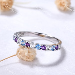 2mm Moissanite Amethyst Engagement Ring Band Silver White Gold Blue Topaz Wedding Band Birthstone Stacking Ring Minimalist Gemstone Ring