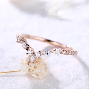 Vintage Moissanite Curved Wedding Band Sterling Silver Rose Gold Marquise Moissanite Engagement Ring Unique Stacking Ring Women Bridal Ring