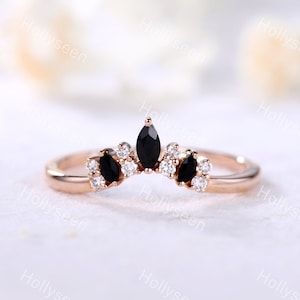 Marquise Black Onyx Wedding Band Silver Rose Gold Moissanite Band Curved Wedding Band Dainty Ring Anniversary Ring Promise Ring Viking Ring