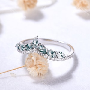 Marquise Moss Agate Wedding Ring White Gold Moissanite Wedding Band Curved Wedding Band Ring Stacking Ring Promise Ring Anniversary Ring