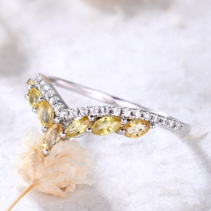 Yellow Sapphire Wedding Band White Gold Wedding Band Curved Wedding Band Marquise Wedding Band Stackable Ring Promise Ring for Women