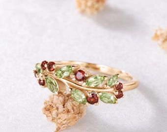 Marquise Peridot Garnet Leaf Vine Wedding Band Ring Solid 14k Gold Nature Inspired Green Red Gemstone Ring Branch Twig Birthstone Ring
