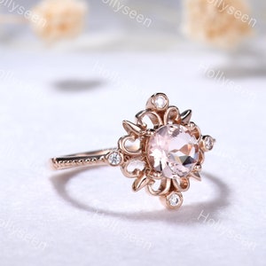 Unique Round Cut Morganite Halo Engagement Ring 14k Rose Gold Vintage Flower Pink Morganite Ring Art Deco Natural Inspired Ring for Women image 3