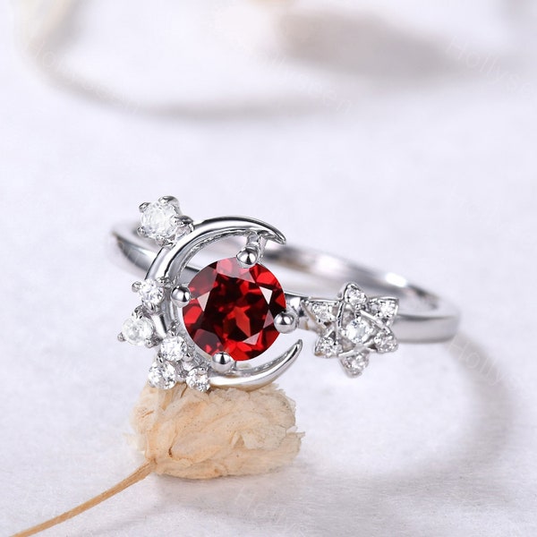 Vintage Rot Granat Halbmond Verlobungsring 14k Weißgold Moissanite Ring Einzigartiger Edelstein Ring Art Deco Braut Versprechen Ring Frauen Geschenk