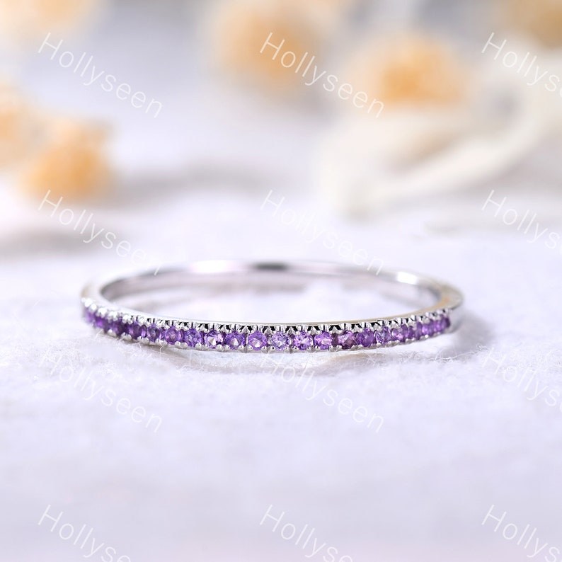 Amethyst Wedding Band Sterling Silver Amethyst Engagement Ring Thin Wedding Band Dainty Wedding Band Woman Promise Bridal Ring Vintage Ring image 2