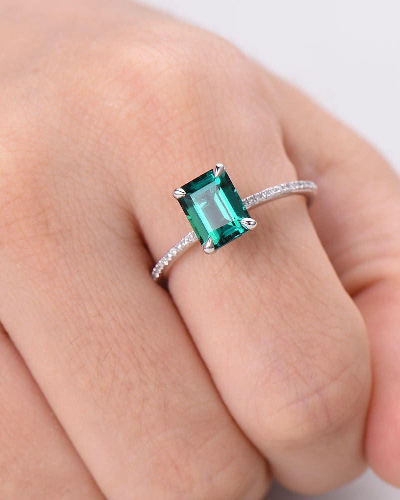 Lab Emerald Engagement Ring 14k White Gold Emerald Cut 925 Etsy