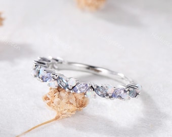 Dainty Marquise Cut Alexandrite Tanzanite Wedding Band Silver White Gold Cluster Opal Stacking Ring Blue Purple Gemstones Stackable Ring