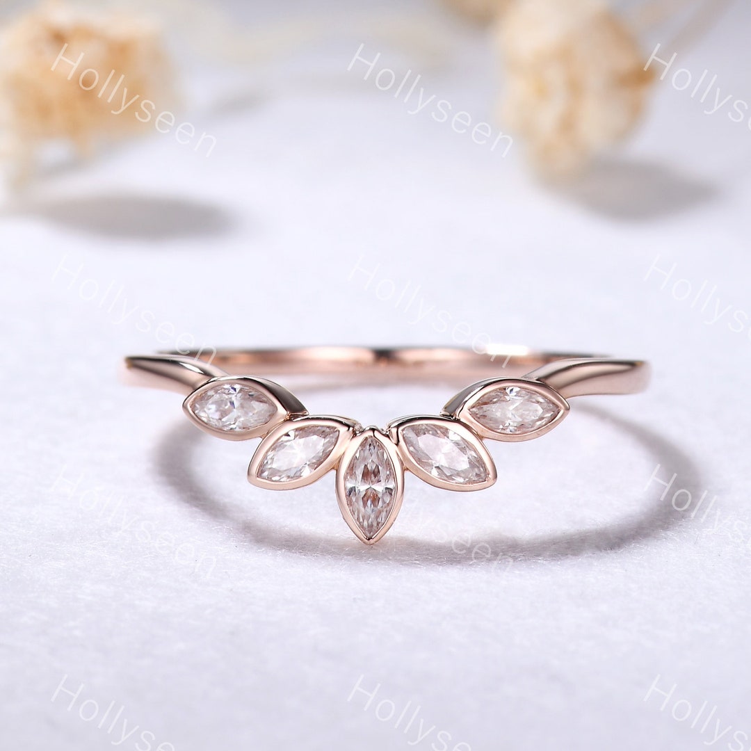 Marquise Moissanite Rose Gold Curved Wedding Ring Band Art Deco Leaf ...