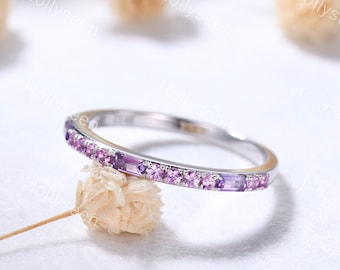 Anillo de boda de amatista con corte de baguette, anillo de apilamiento de piedras preciosas moradas de oro blanco plateado, anillo apilable de piedra natal de febrero para joyería de mujer
